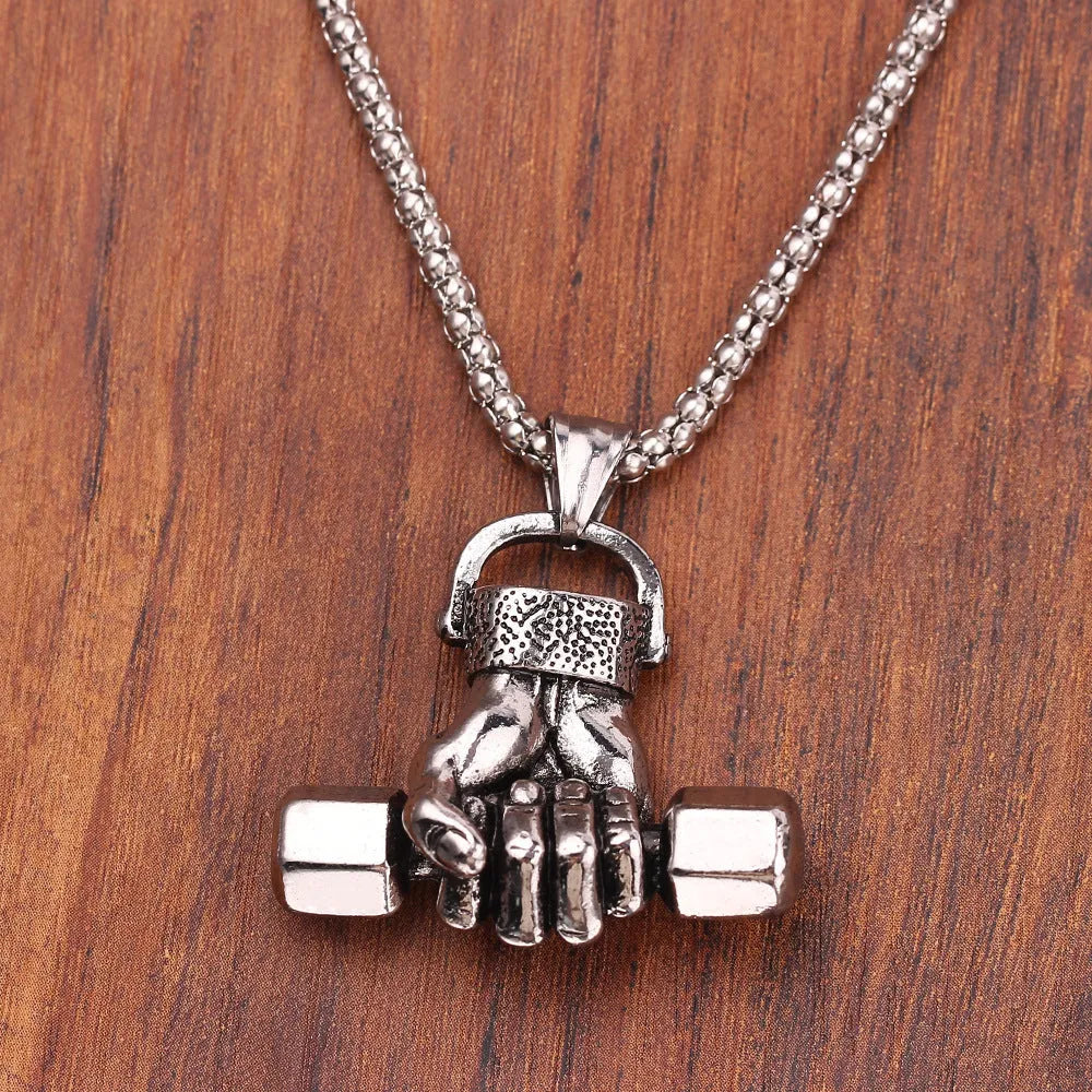 Silver gym dumbbell pendant on snake bone chain necklace unisex alloy electroplated finish