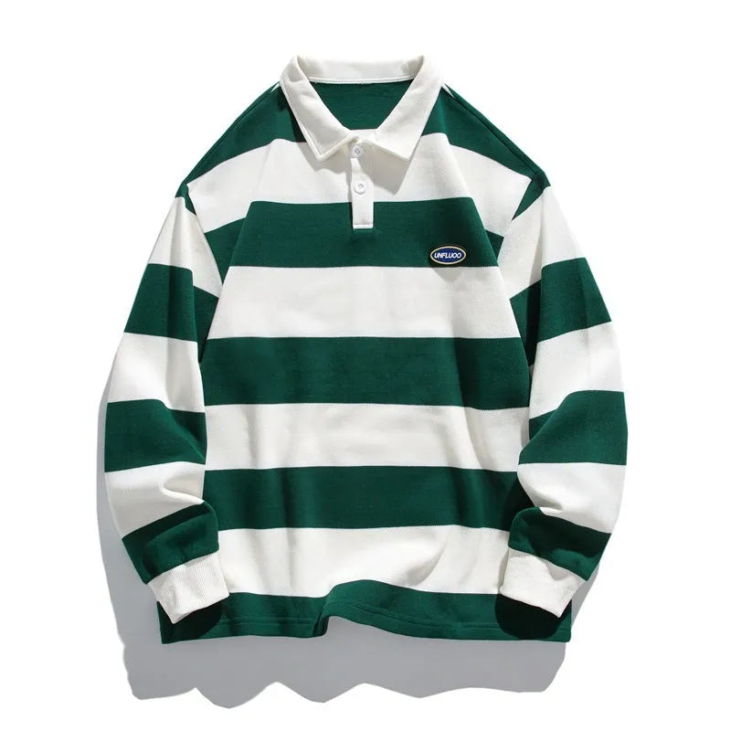 Mens striped pearl cotton polo shirt with matching lapel sweater in loose fit design
