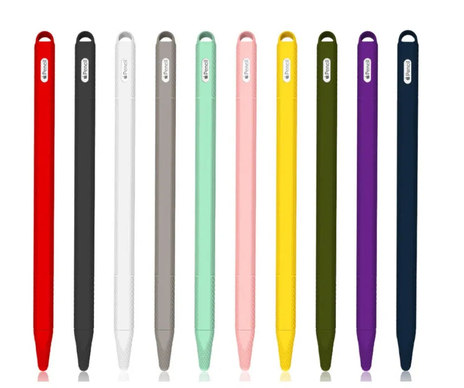 Silicone protective cover set for Apple Pencil 2 in peppermint green with storage case, showing non-slip grip design and magnetic charging compatibility