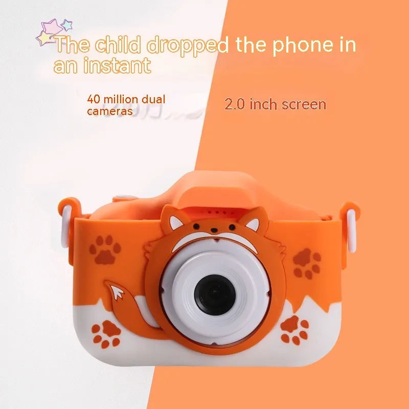Blue and orange children's digital camera with games and filters on ABS plastic body