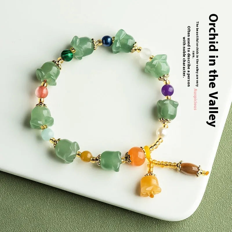 Carved jade bracelet with orchid beads for women's 14-18cm wrists in aventurine orchid colour
