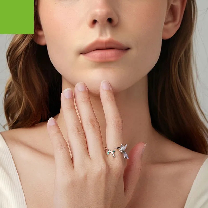 S925 sterling silver kingfisher open ring with adjustable opening and dripping oil finish in colour BSR715-E