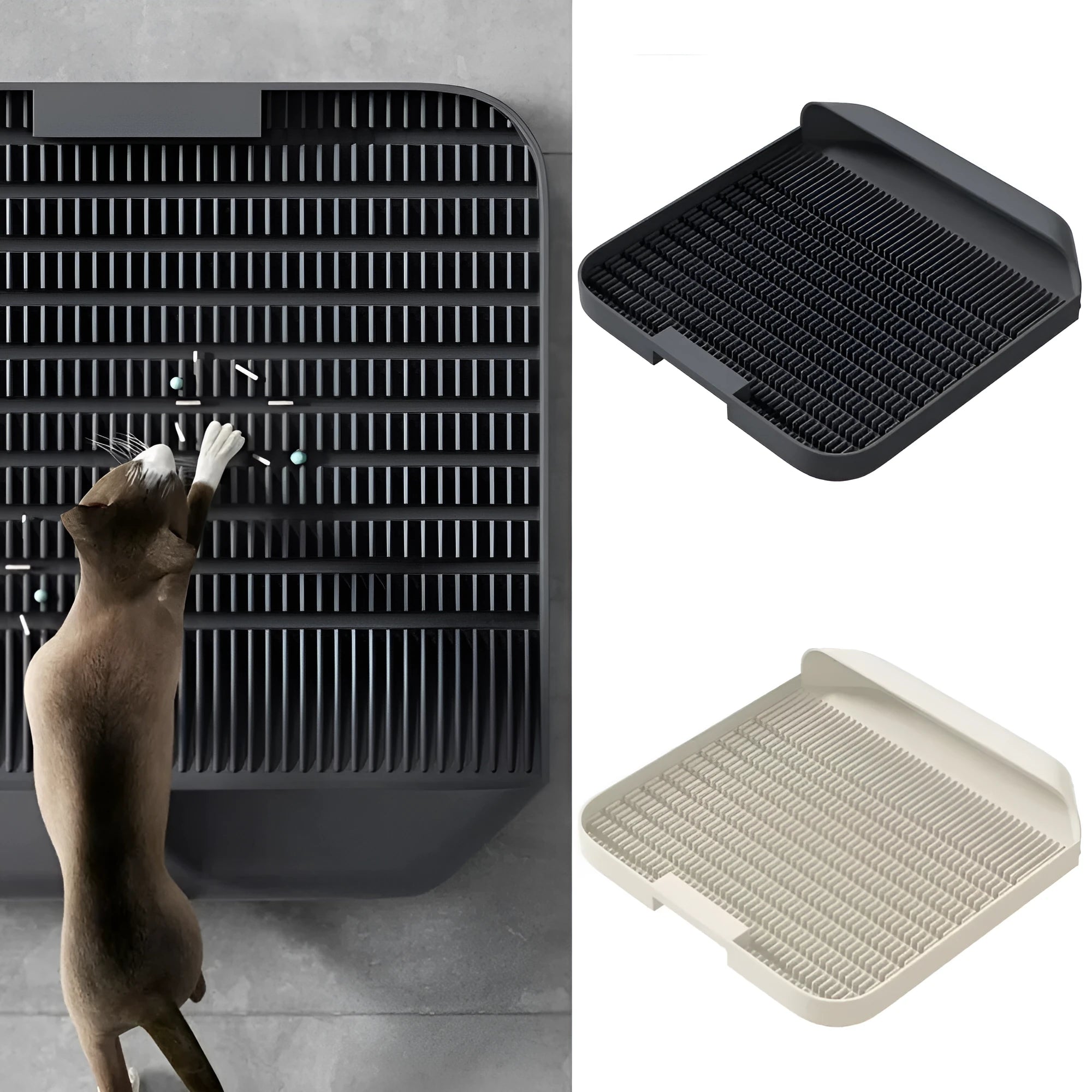 Large black cat litter pedal mat with slanted design next to a litter box.