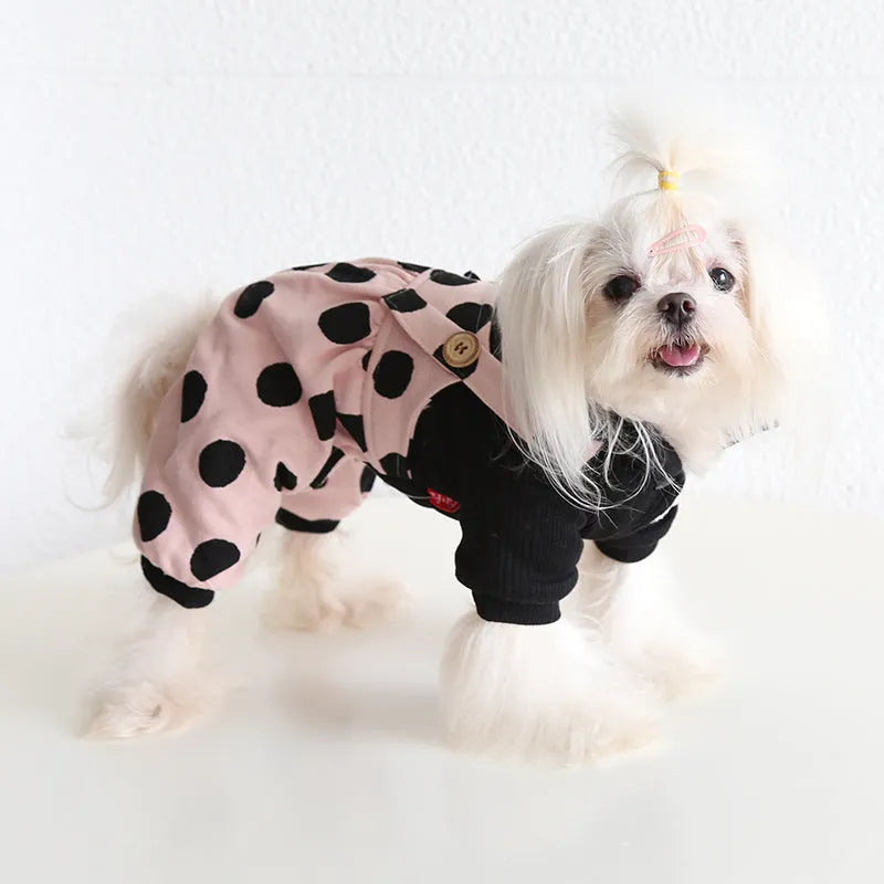 Dog clothes couple set with lapel shoulder straps in cloth material showing four-legged and skirt style options