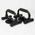 Green suction cup push up stand with electroplated steel frame and foam handles on a smooth floor