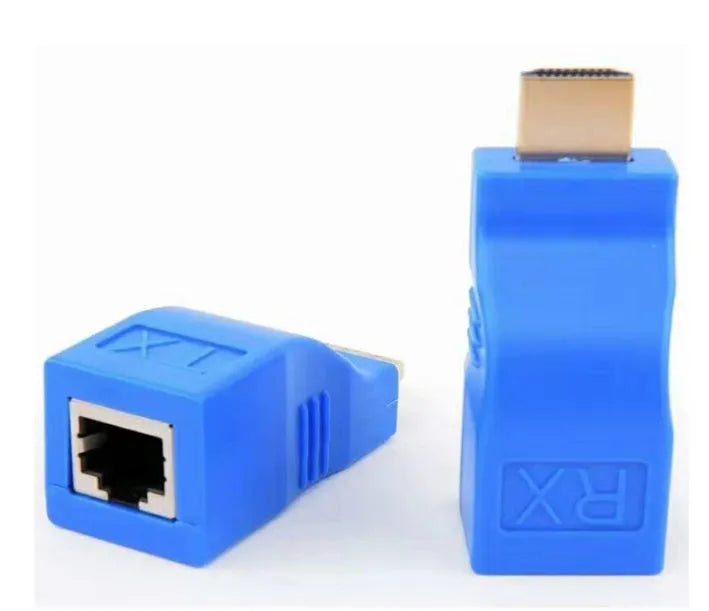 HDMI extender transmitter and receiver unit pair for signal extension over CAT-5e network cable