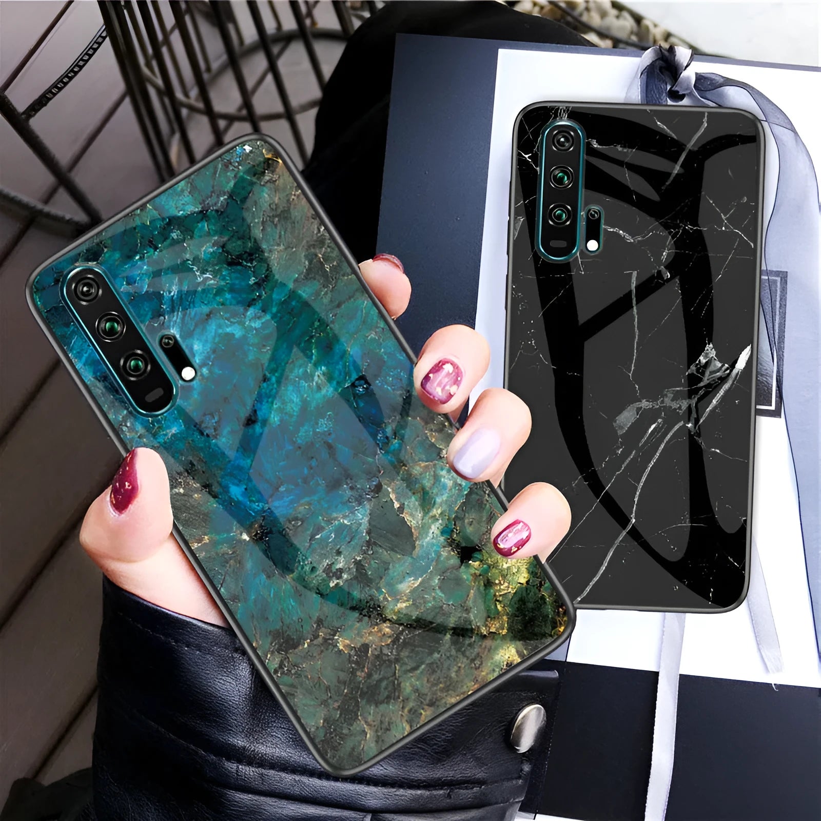Marble anti-fall phone case for Honor 20 with tempered glass back and silicone edges