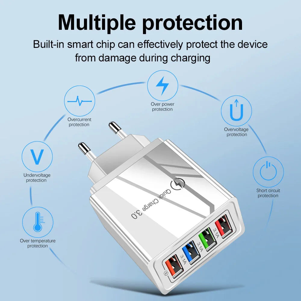 Multi-port USB charging head with four ports, available in black, white, blue, or red, with US flat feet plug shown.