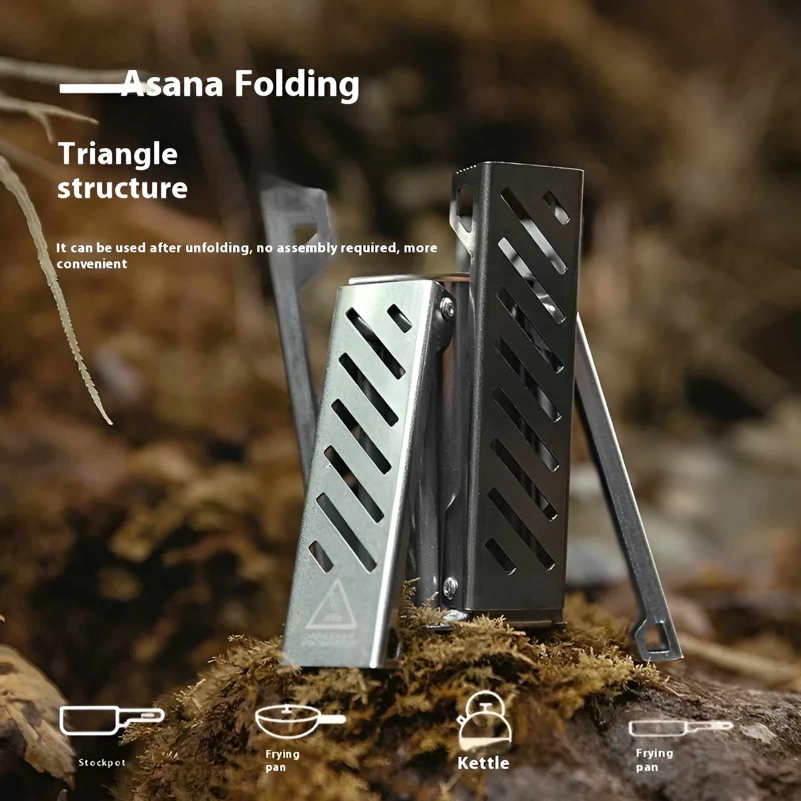 Black hexagon-shaped foldable alloy alcohol camping stove on a wooden surface.