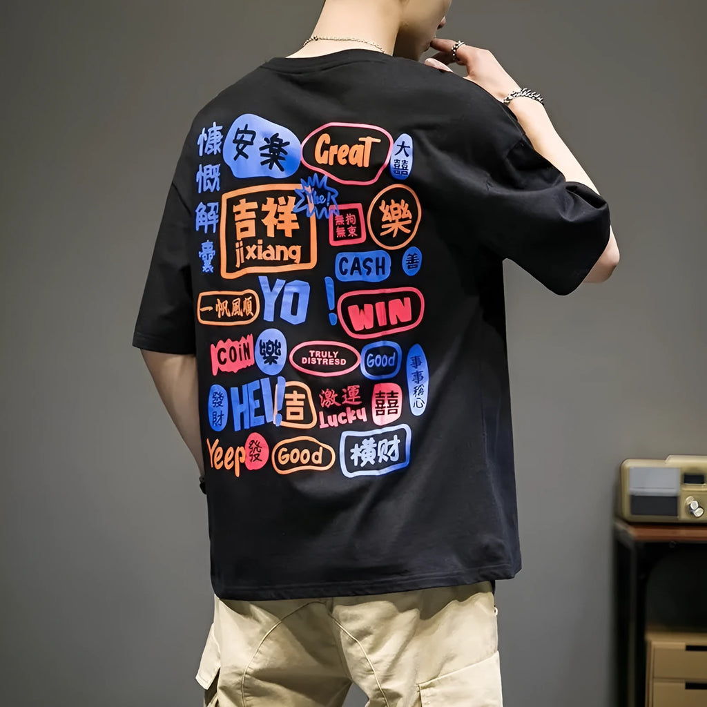 Men manga graphic cotton t-shirt with Harajuku graffiti print in black, round neck short sleeve summer top