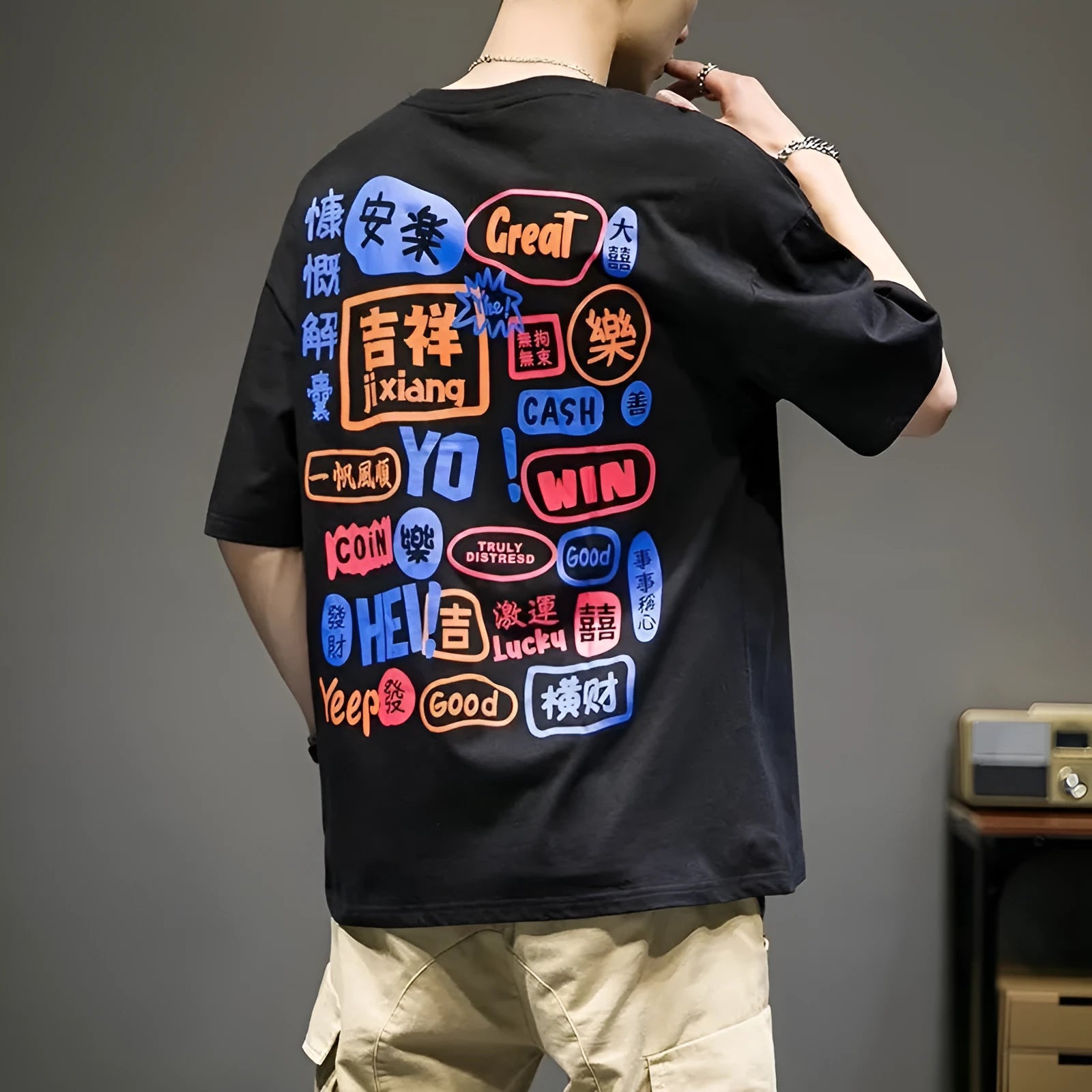 Men manga graphic cotton t-shirt with Harajuku graffiti print in black, round neck short sleeve summer top