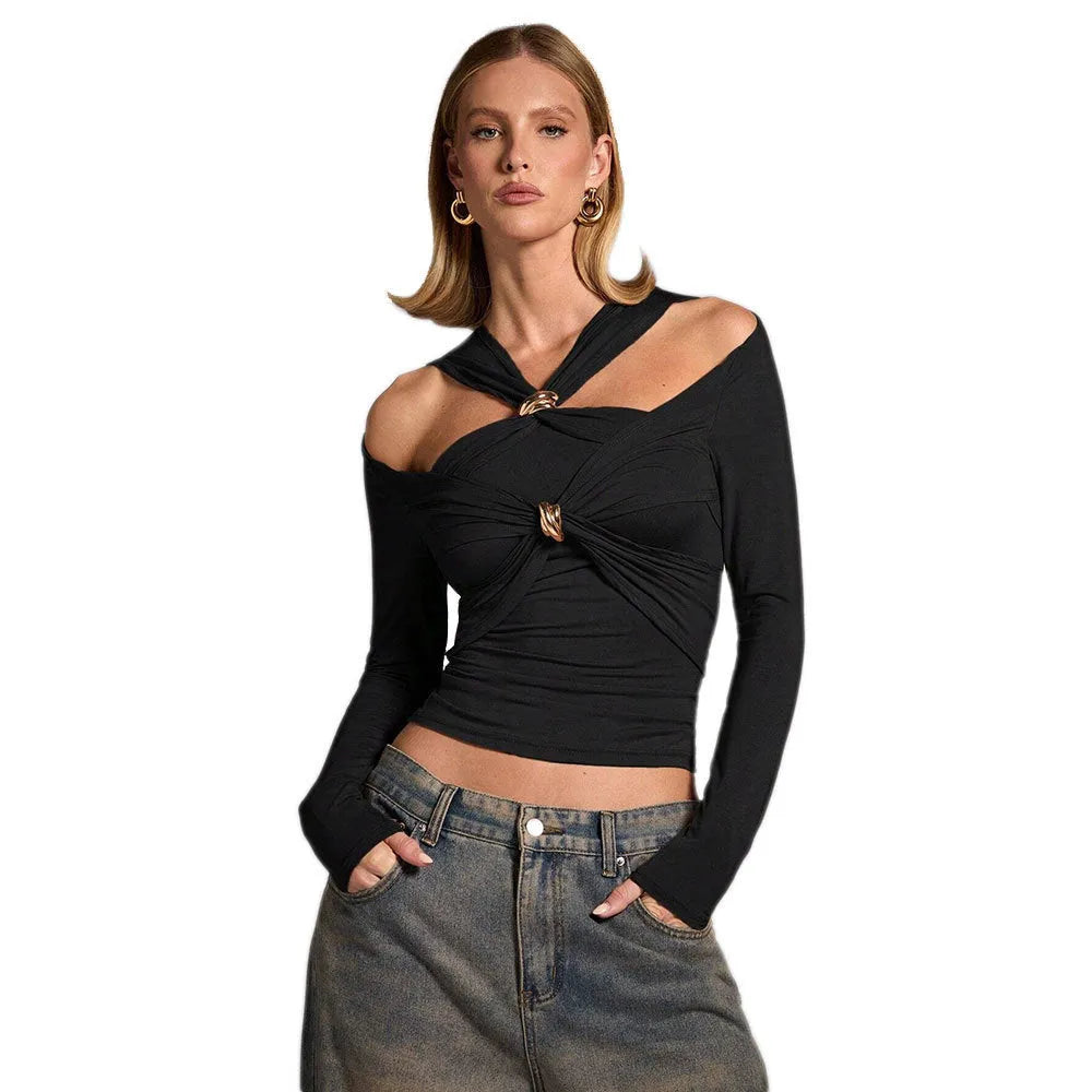 Black women's halter top with strapless neckline and long sleeves