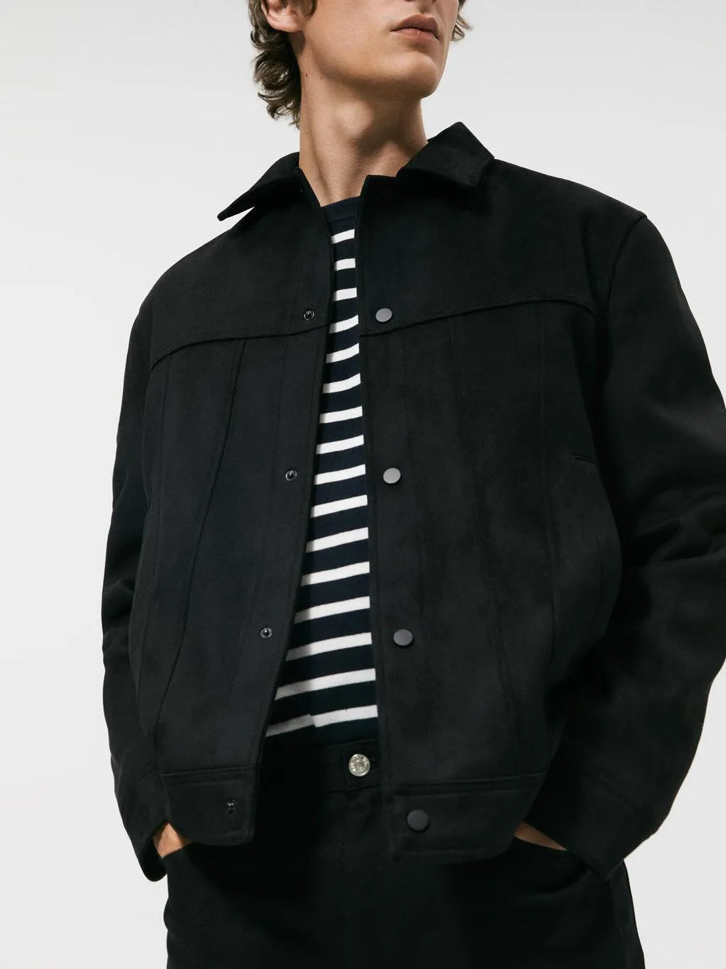 Black men's casual hooded jacket with a textured suede collar and side seam pockets.
