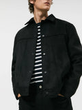 Black men's casual hooded jacket with a textured suede collar and side seam pockets.