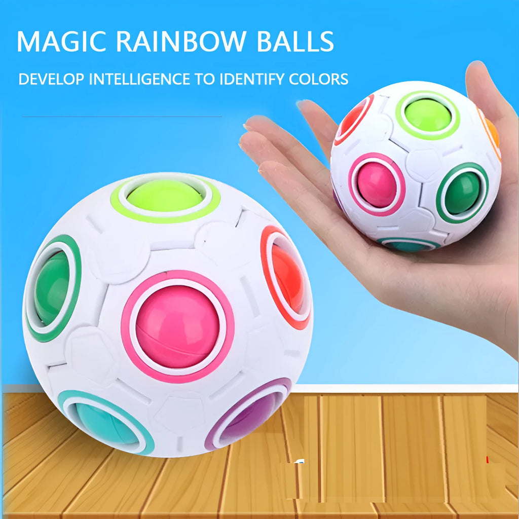 Colourful rainbow ball puzzle toy with visible holes, 5.5 cm in diameter.