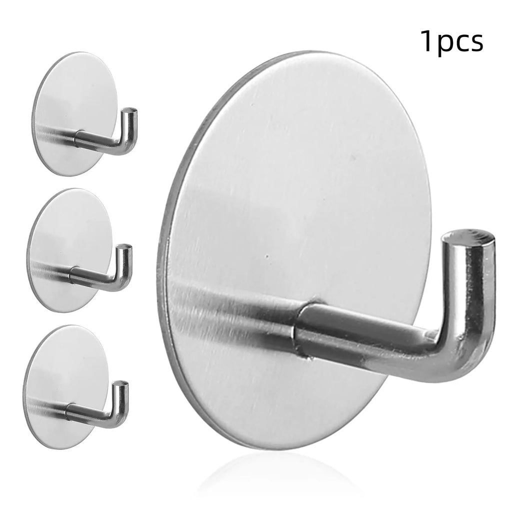Stainless steel self-adhesive round wall hook shown in black and polished finishes.