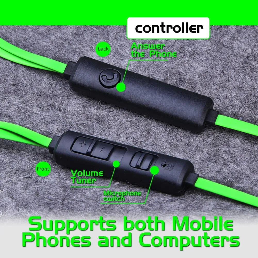 Shuangmai wired in-ear gaming headset with 1.5cm cable in black, green, and red colours