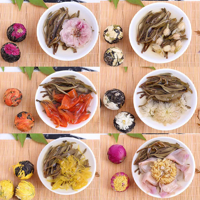 Gift box of six flavor flower tea with 18 tablets including jasmine, lily, peony, yellow chrysanthemum, rose, and chrysanthemum