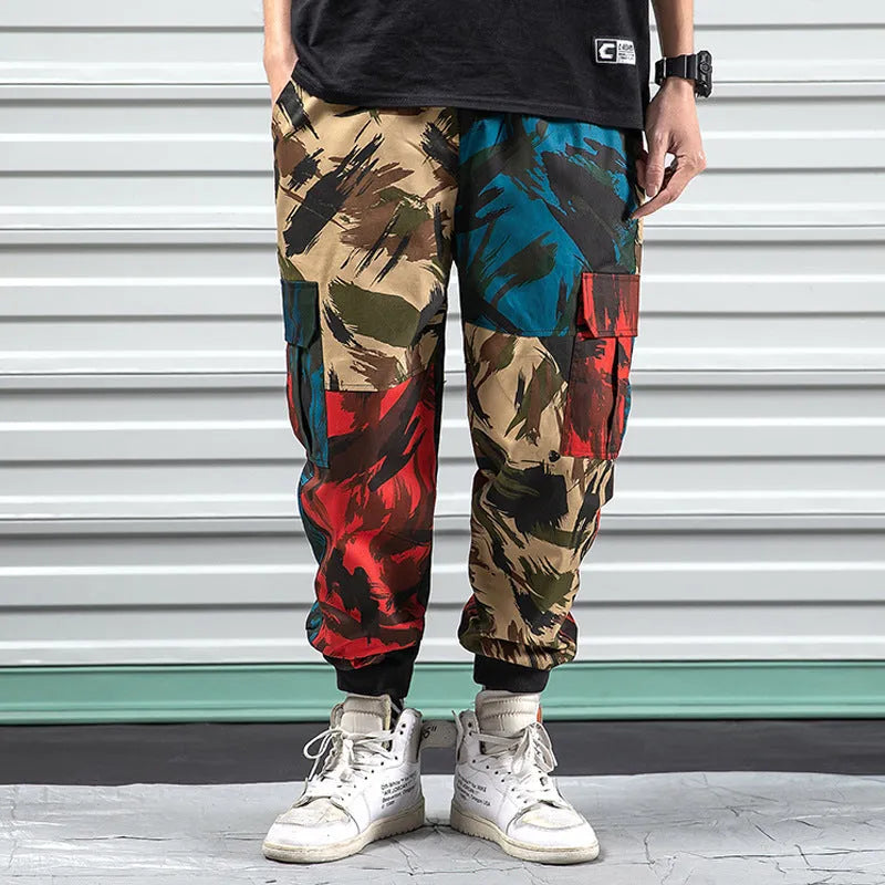 Blue camouflage overalls casual pants made of polyester fibre, full-length loose fit, front view