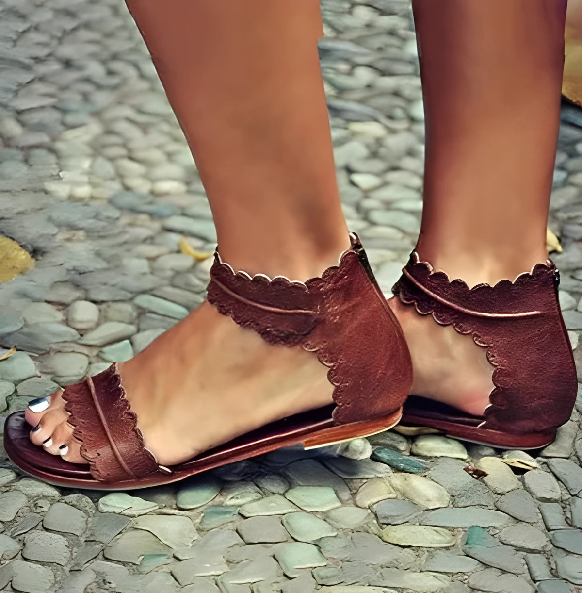 Ladies sandals with artificial PU upper and beef tendon sole, shown in black, brown, purple, and reddish brown colours, sizes 34-43