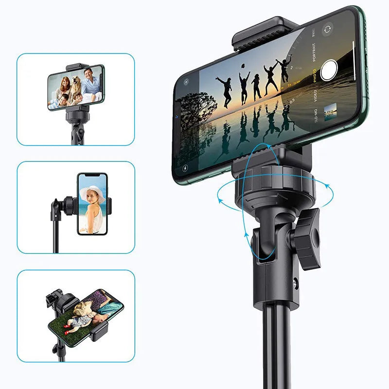 Black selfie stick tripod compatible with iPhone, aluminium alloy, five sections, 45cm shrink height