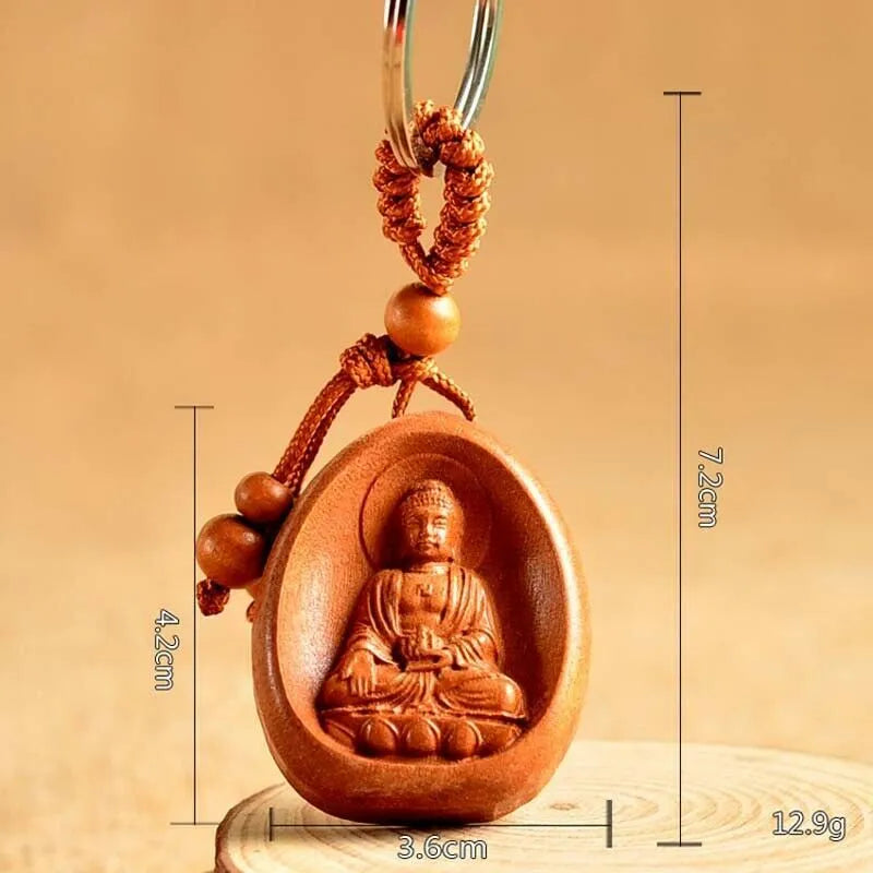 Eight patron saint keychains in natural Taomu wood, peach wood colour, 10x3.2x4cm size, orange colour option available
