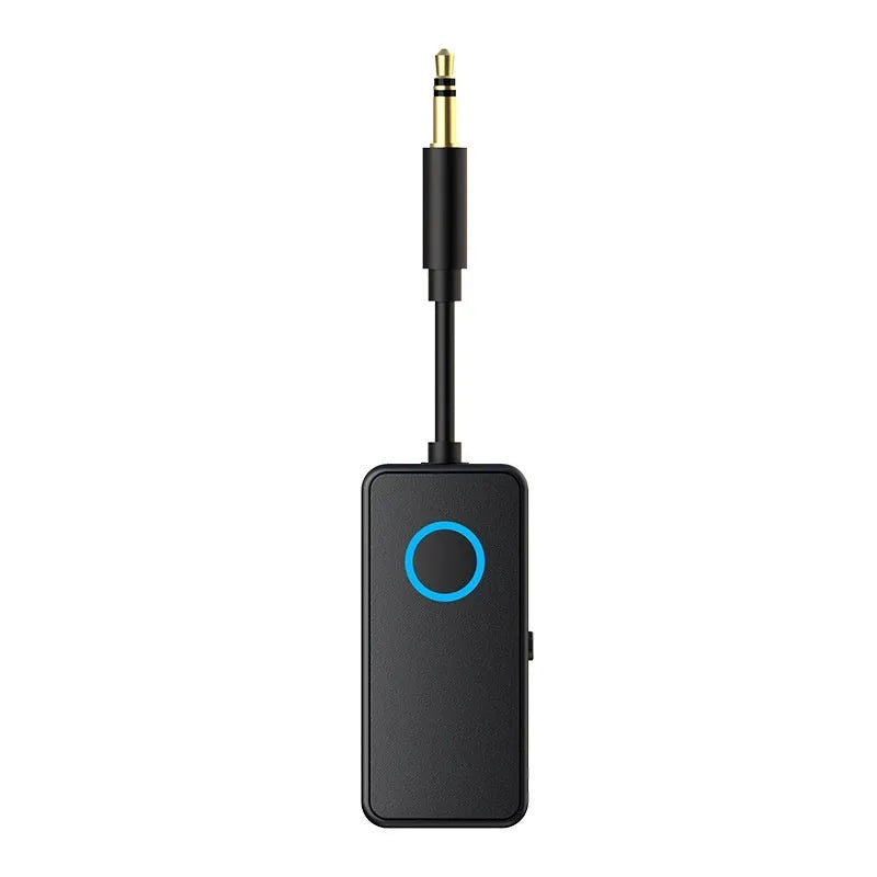 Black Bluetooth 5.4 audio adapter with a 3.5mm plug for wireless music streaming and calls.