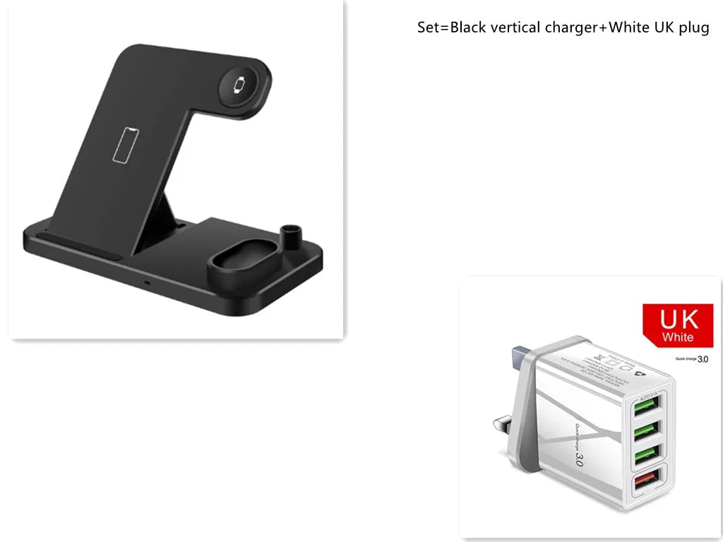 Black 4-in-1 wireless charging dock with phone on adjustable stand, Apple Watch, AirPods, and Apple Pencil on charging pads.