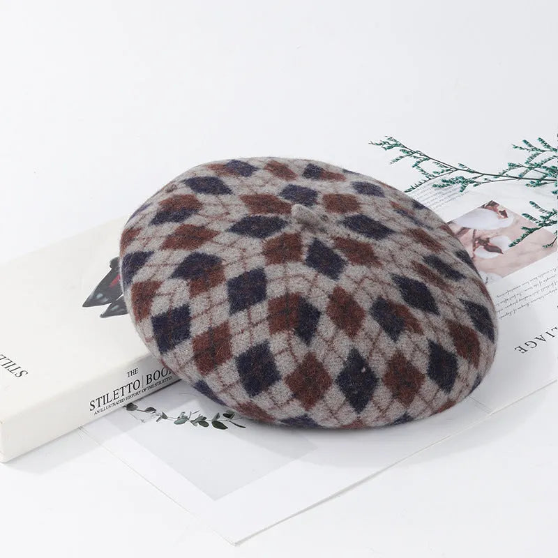 Wool plaid beret in blue light coffee plaid colour with tassel, dome crown, and adjustable fit for women autumn winter