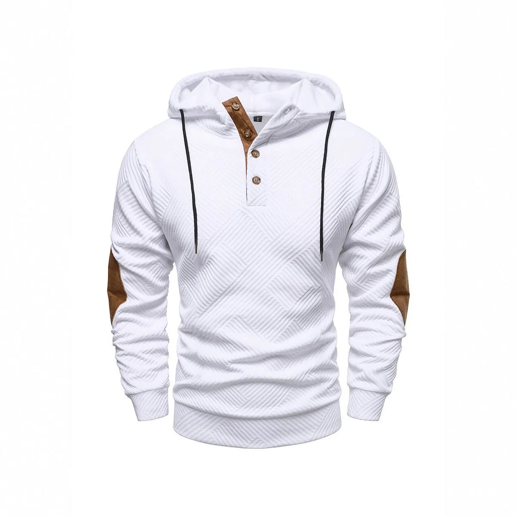 Men's loose hooded pullover sweatshirt in white, dark blue, apricot, dark gray, or black, sizes S to 3XL.
