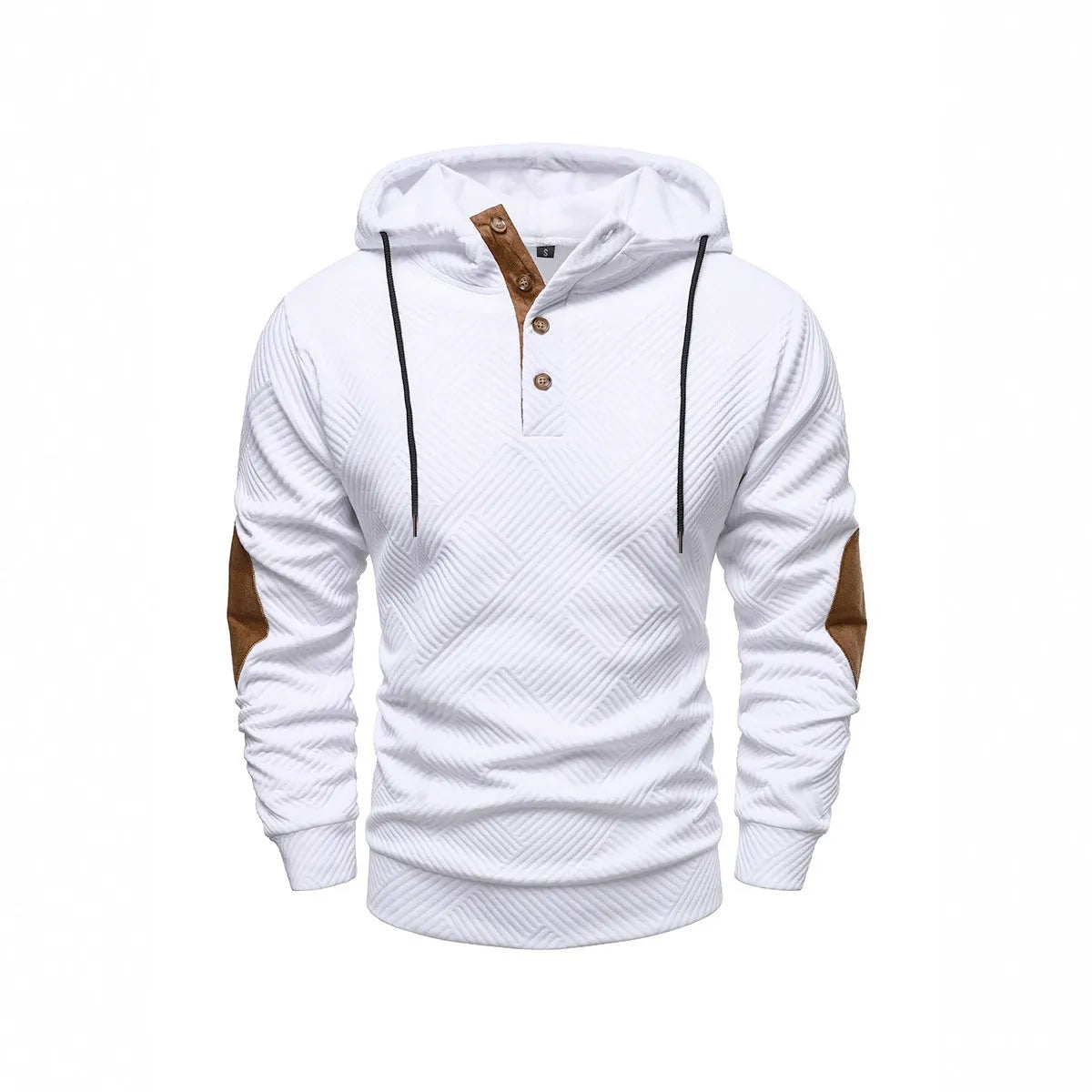 Men's loose hooded pullover sweatshirt in white, dark blue, apricot, dark gray, or black, sizes S to 3XL.