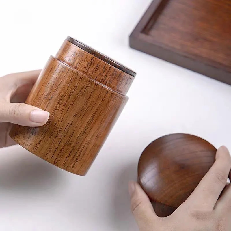 Wood texture tea canister with offset printing, 7.5cm diameter and 12cm height, brown finish