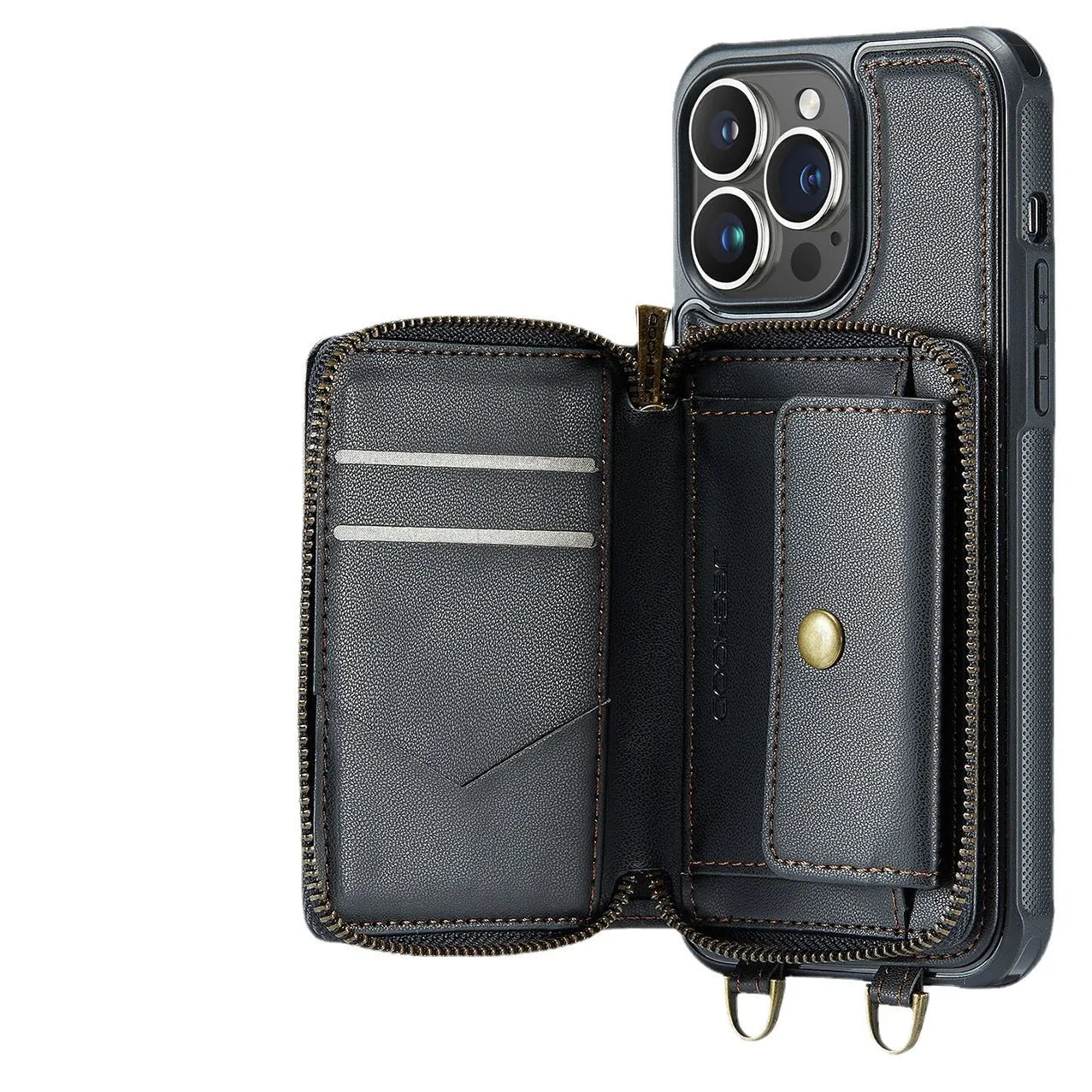Leather zipper phone case with card slot for iPhone, available in rose gold colour