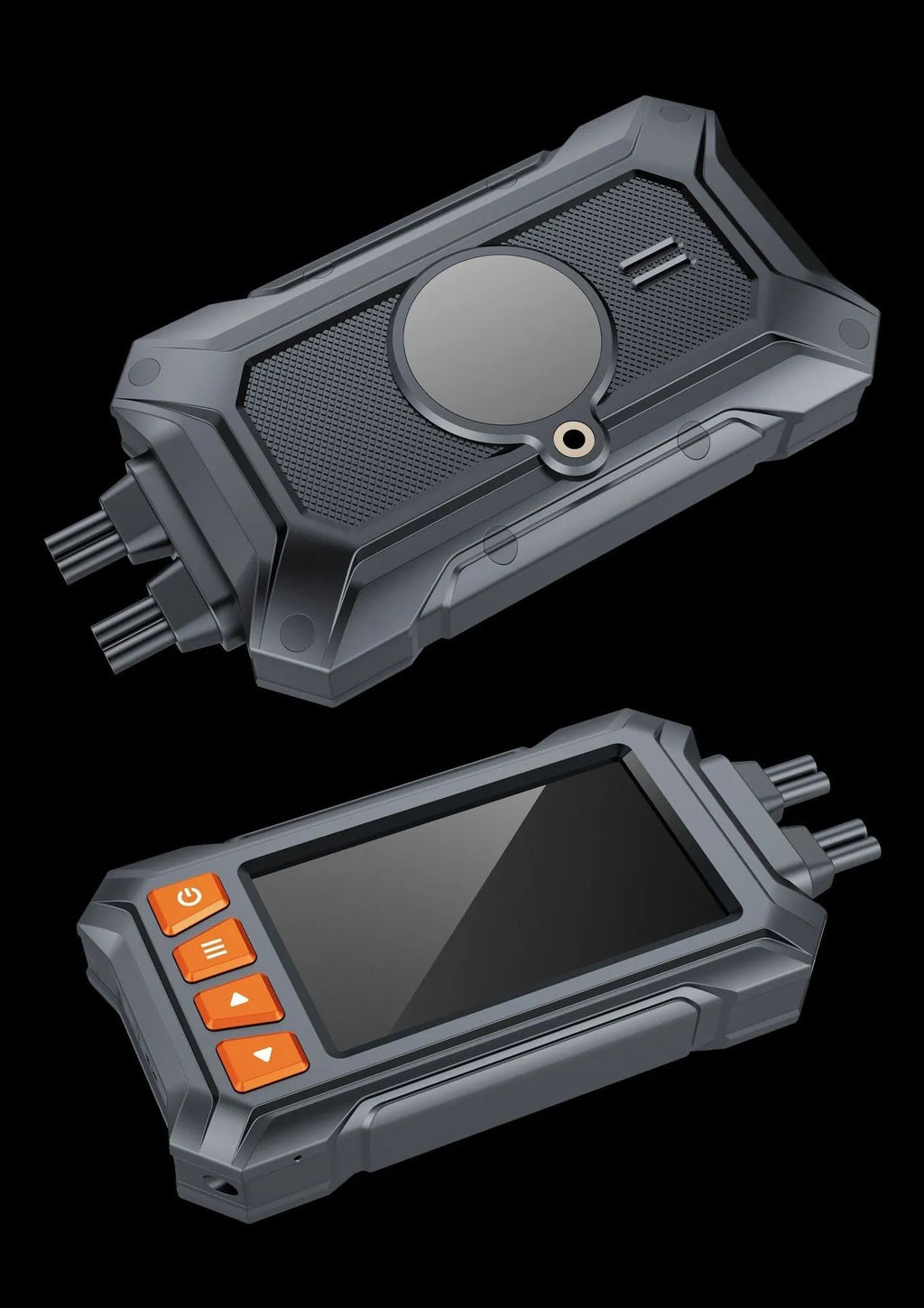 Motorcycle dual-lens GPS tachograph dash cam with accessories on a black background.