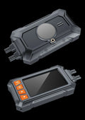 Motorcycle dual-lens GPS tachograph dash cam with accessories on a black background.
