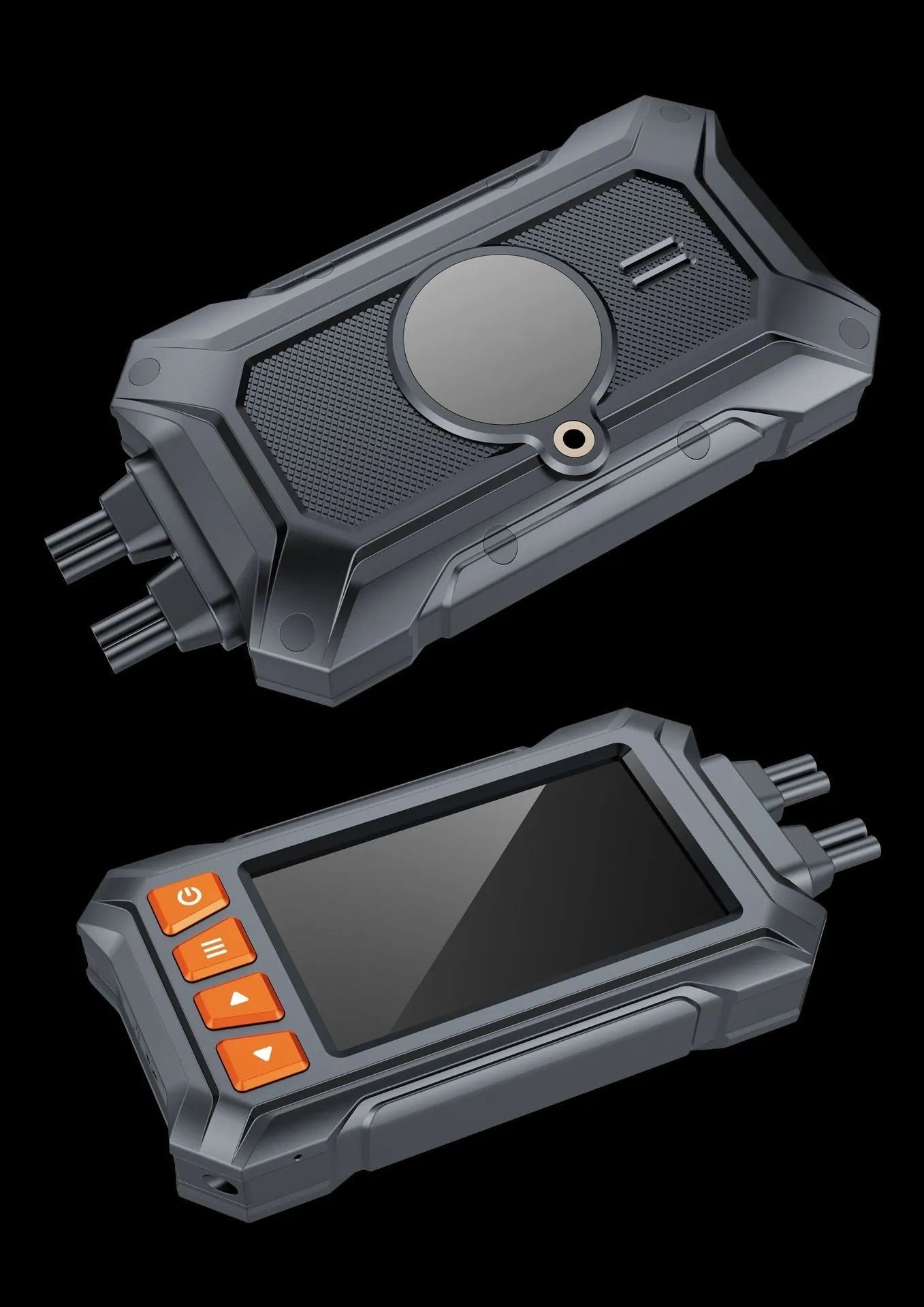 Motorcycle dual-lens GPS tachograph dash cam with accessories on a black background.