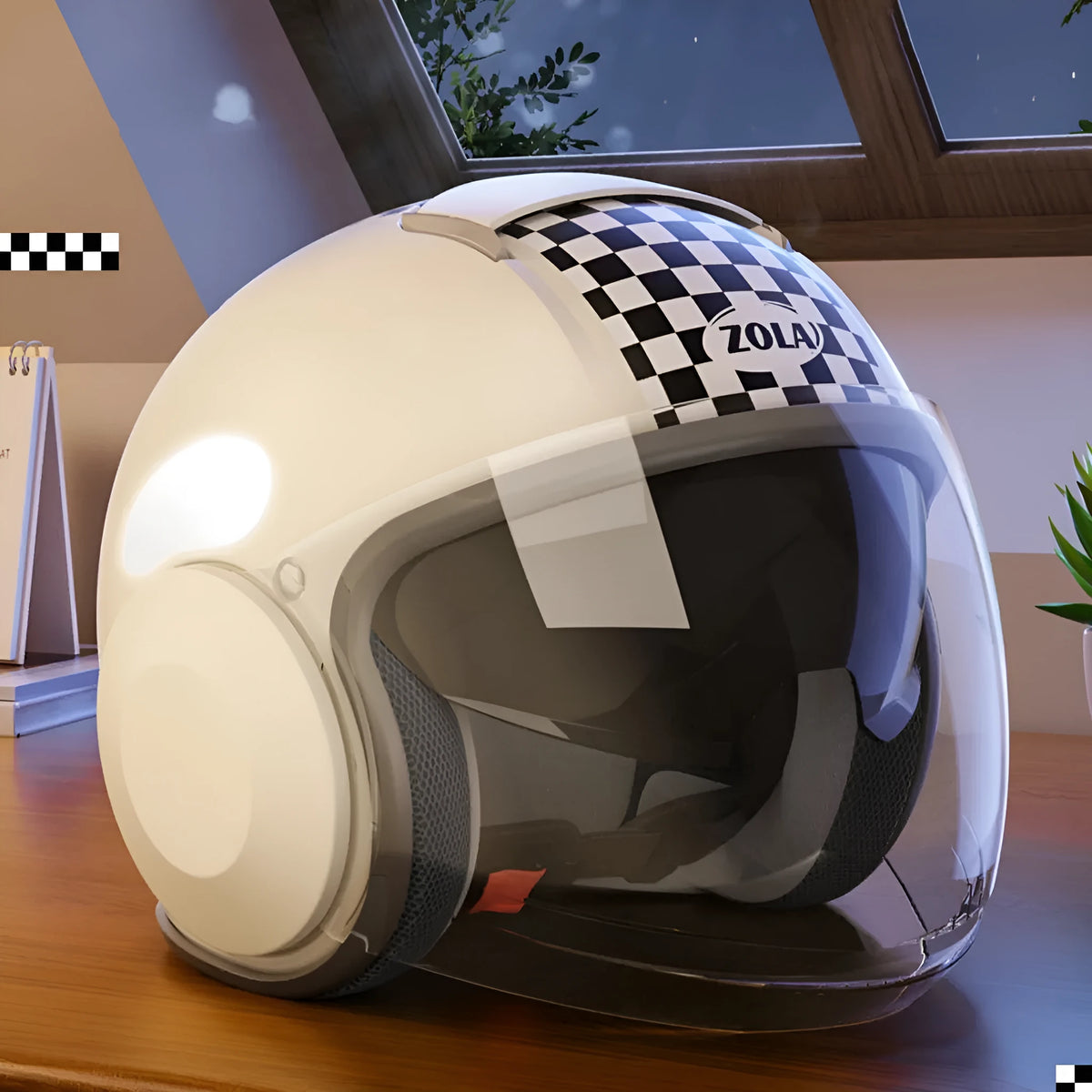 Full-face electric motorcycle helmet with double-mirror visor, ABS shell, and printed finish in khaki colour