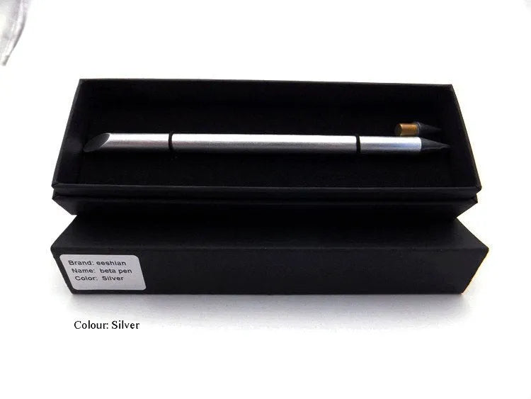 Inkless Metal Pen in silver finish with 0.5mm alloy nib, spare nib, pen bag and gift box on wooden desk
