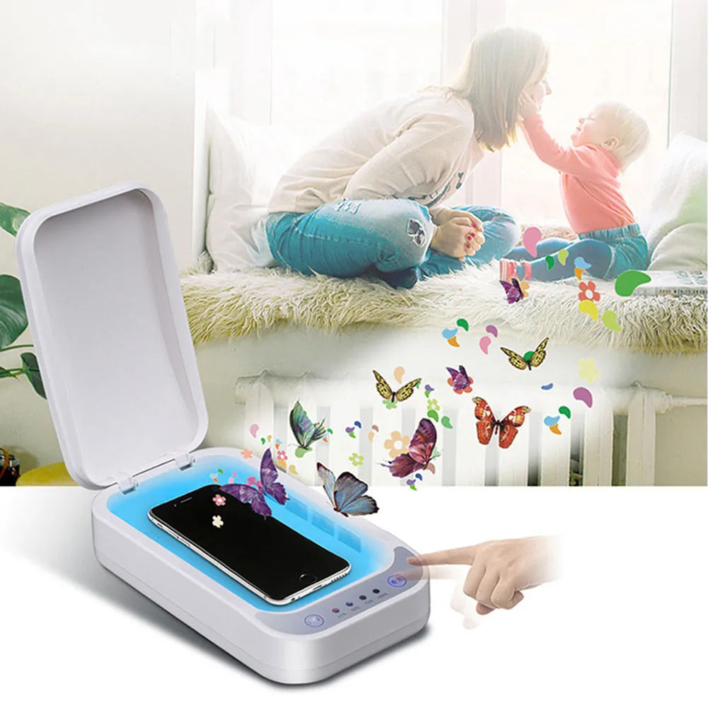 Blue and white ultraviolet disinfection box with open lid, showing internal chamber for a mobile phone.
