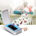 Blue and white ultraviolet disinfection box with open lid, showing internal chamber for a mobile phone.