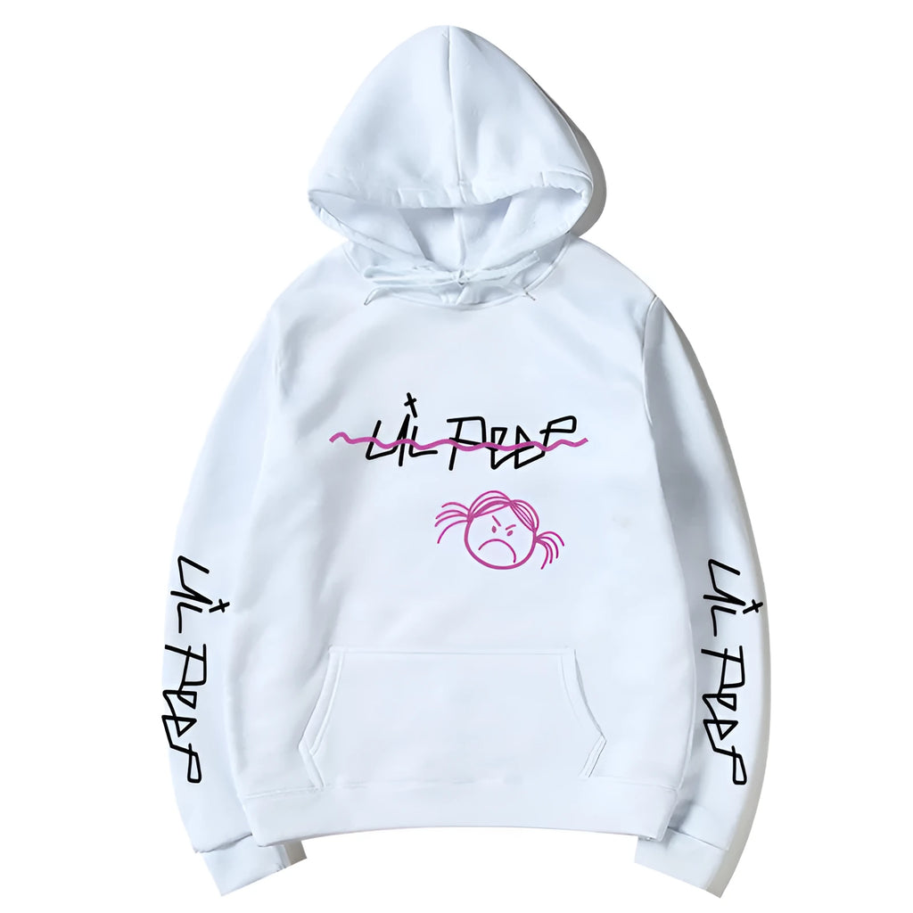 Lil Peep hoodie in beige with white word printing and three-dimensional patch pocket, plus-velvet lining inside