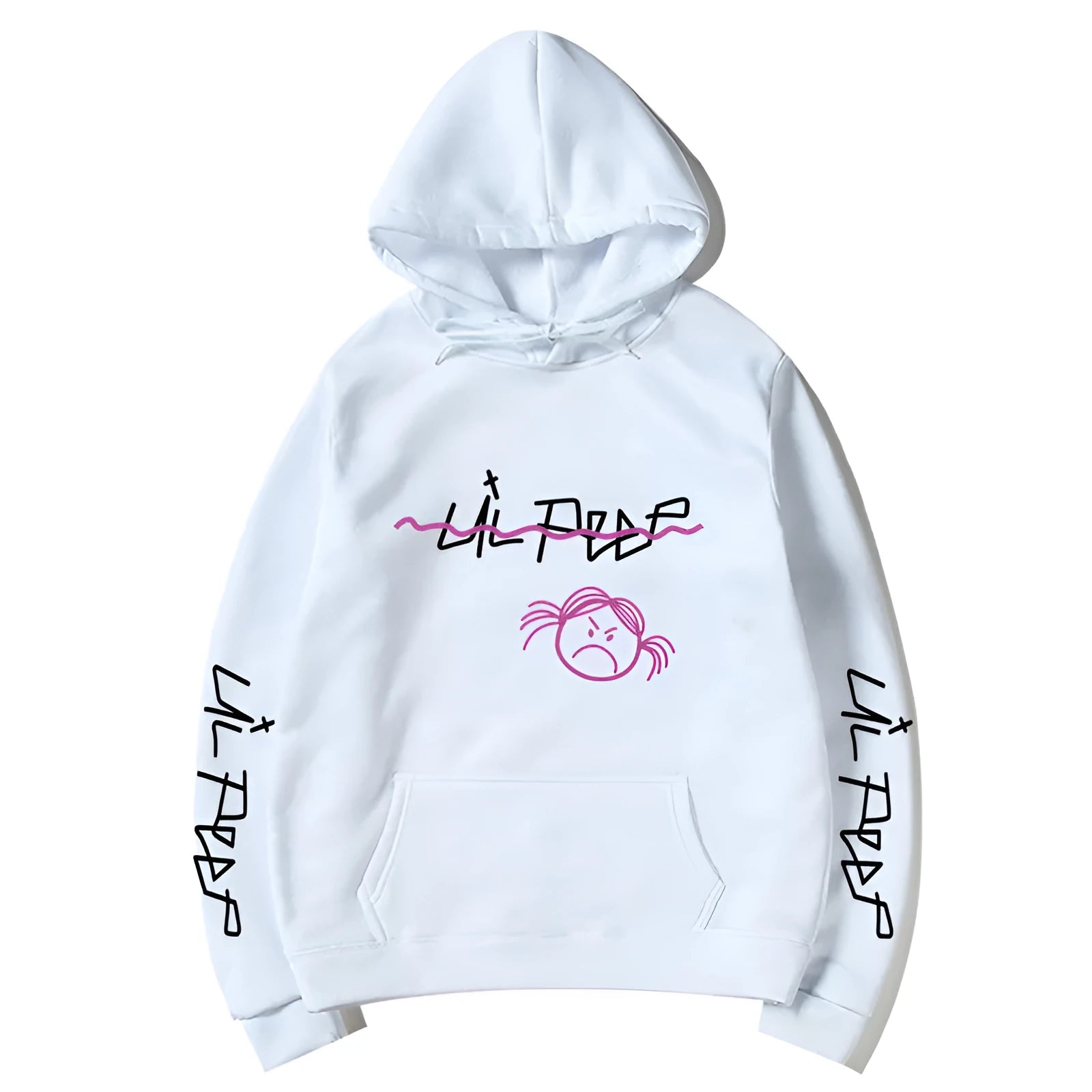 Lil Peep hoodie in beige with white word printing and three-dimensional patch pocket, plus-velvet lining inside