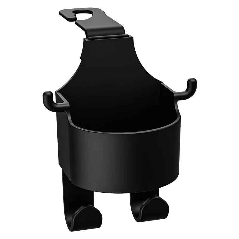 Black plastic car seat back organiser with a cup holder and two hanging hooks