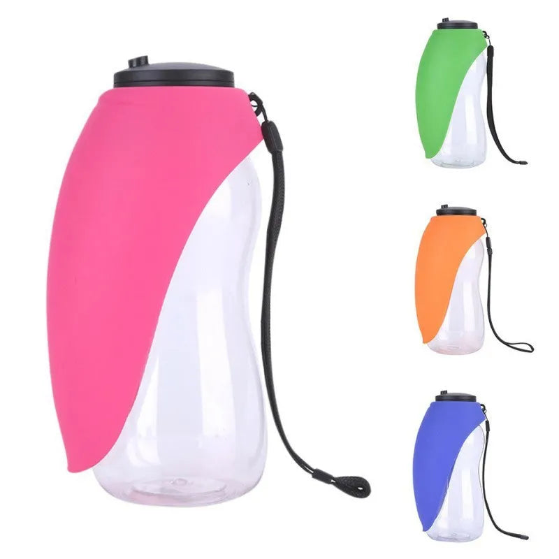Portable pet water bottle with drinking bowl in sky blue, showing key lock and wide sink design.