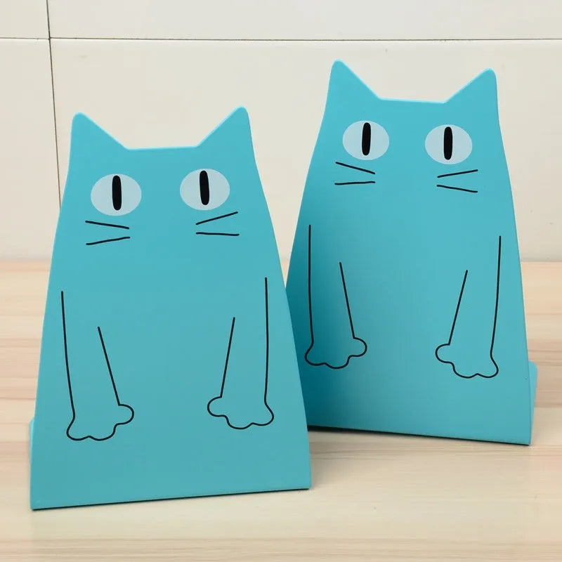 Pair of blue iron bookends measuring 14 x 20.5 x 10.5 cm on a shelf holding books upright
