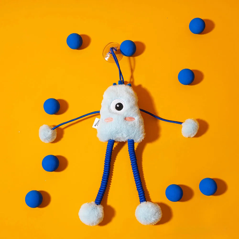 Blue cat toy with 30cm plush ring on elastic telescopic rope and mint bell attachment