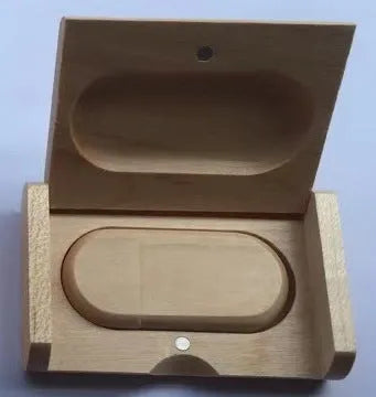 Wooden USB drive gift set in natural bamboo finish with box, dimensions 58x28x9 mm