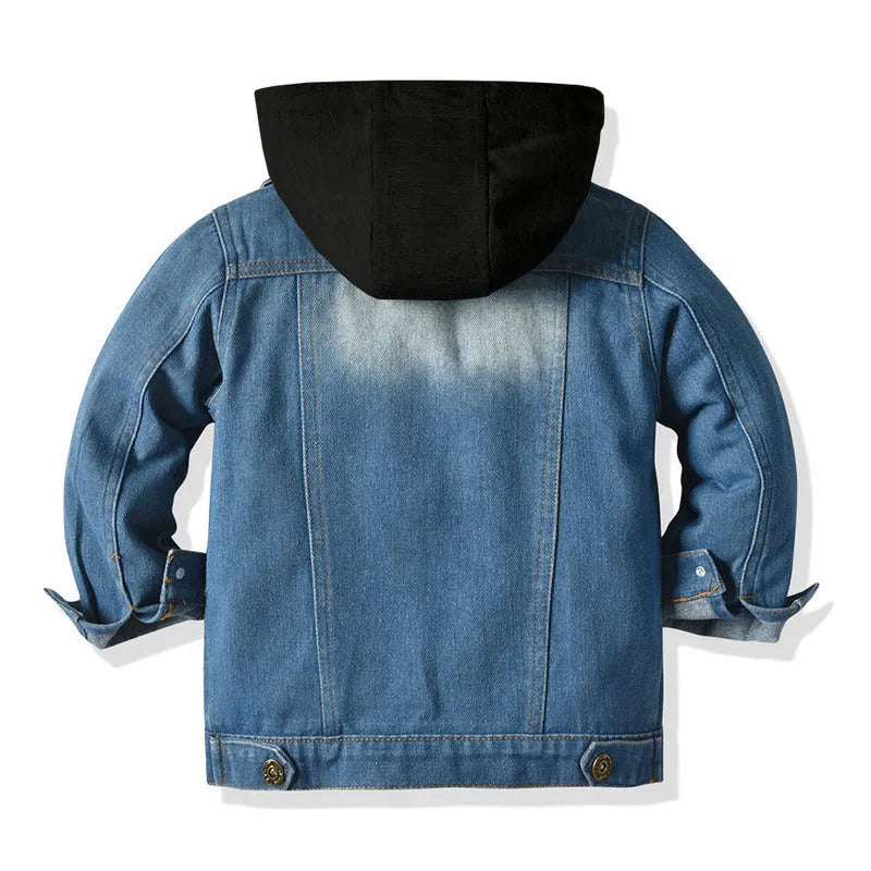Children's grey hooded casual jacket with loose fit and lapel collar