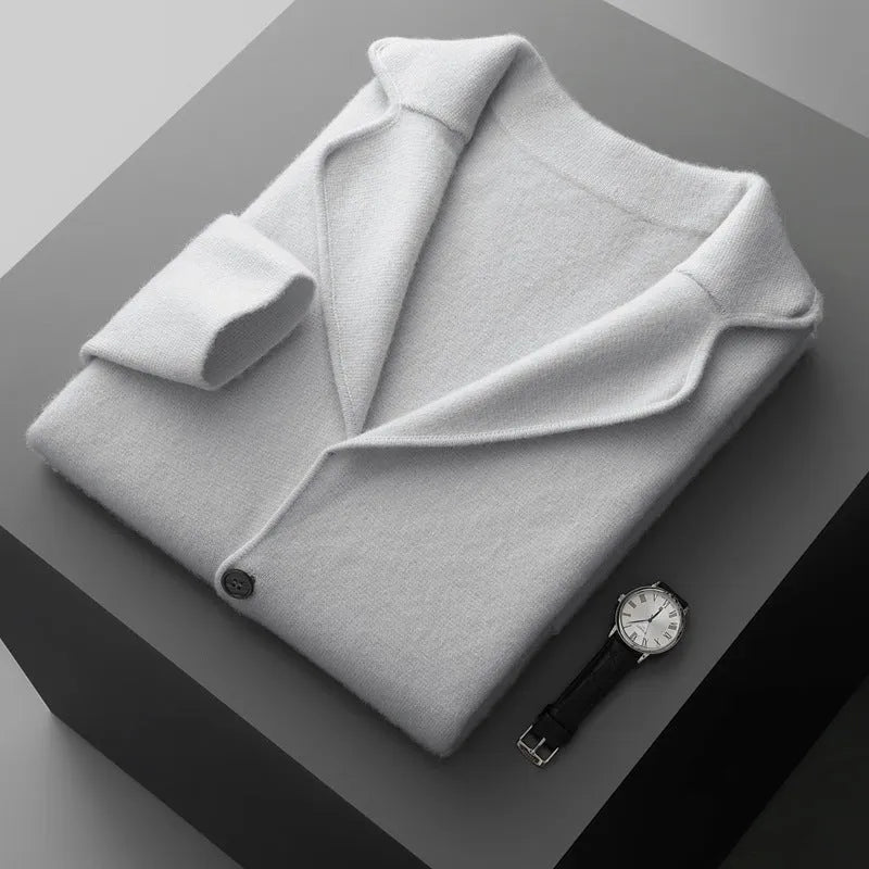 Men's cashmere lapel cardigan in light grey showing thickened knit construction and loose fit