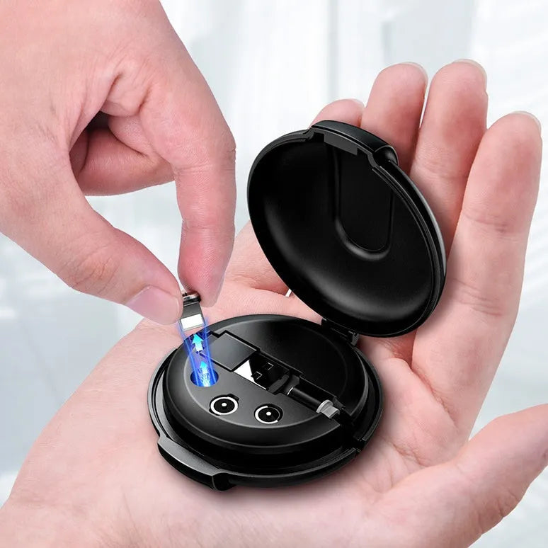 Black magnetic retractable car phone charger with 1m cable shown mounted in vehicle